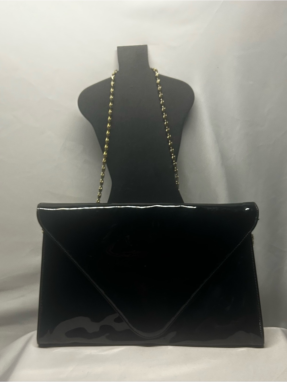 Vintage Glossy Black Patent Envelope Clutch with Gold Chain Strap